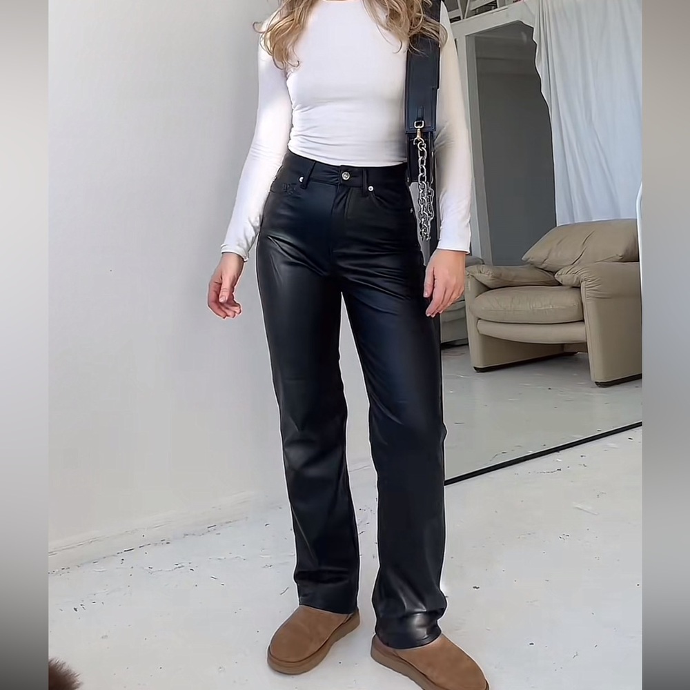 Black Leather-feel Jeans (Straight Leg)